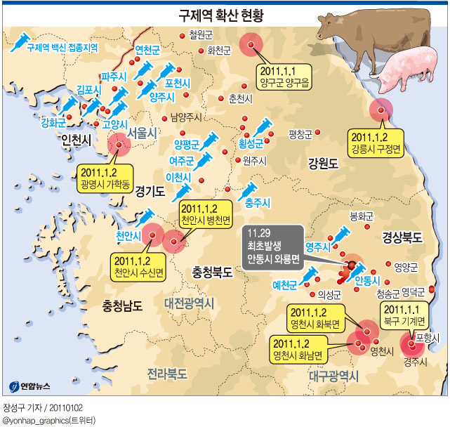 <그래픽> 구제역 확산 현황(종합)