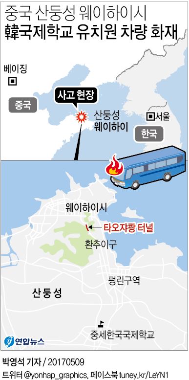 [그래픽] 중국 산둥성 웨이하이시 韓국제학교 유치원 차량 화재