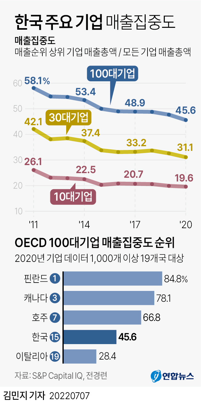 [그래픽] 한국 주요 기업 매출집중도