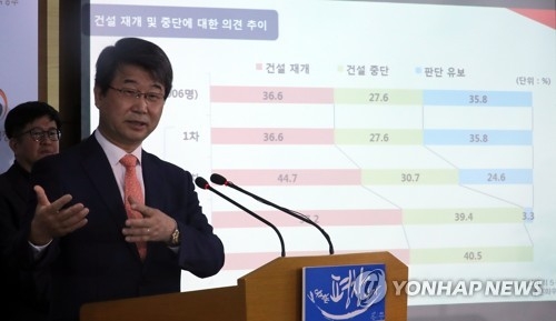 Kim Ji-hyung, head of a commission on the fate of the Shin Kori nuclear reactors, announces the result of a three-month public opinion gathering process during a briefing at the government complex in Seoul on Oct. 20. (Yonhap)