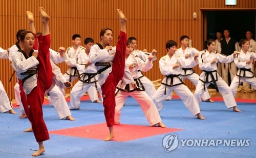 This photo, provided by a pool report, shows a joint taekwondo demonstration team of South Korea and North Korea performing in Seoul City Hall on Feb. 12, 2018. (Yonhap)