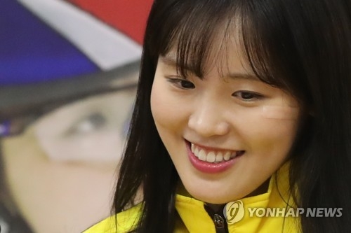 South Korean short track speed skater Kim A-lang listens to a question during a press conference at Goyang City Hall in Goyang, Gyeonggi Province, on Feb. 28, 2018. (Yonhap)