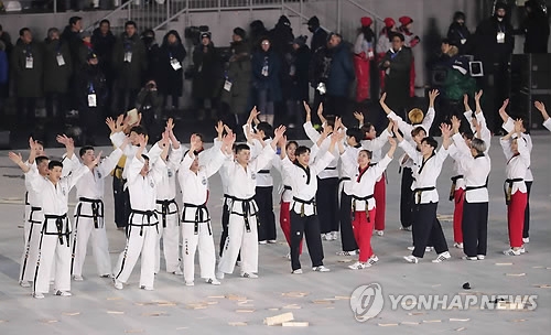 In this file photo taken Feb. 9, 2018, taekwondo demonstration teams from South and North Korea wave to the crowd after their joint performance during the pre-shows of the opening ceremony for the 2018 Winter Olympics at PyeongChang Olympic Stadium in PyeongChang, Gangwon Province. (Yonhap)