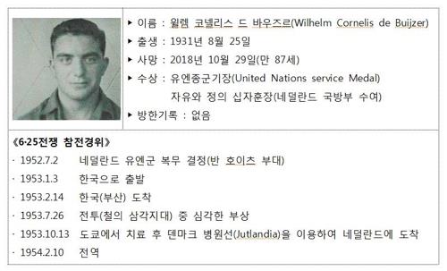 This photo provided by the Ministry of Patriots and Veterans Affairs shows a photo of the late Wilhelm Cornelis de Buijzer and his record of participation in the Korean War. (Yonhap)