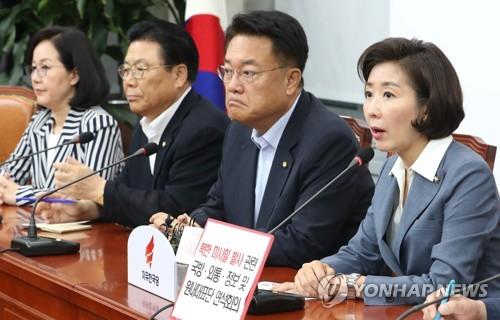 This photo, taken on July 31, 2019, shows Rep. Na Kyung-won (R), floor leader of the Liberty Korea Party, speaks during the party's meeting on North Korean missile provocations, at the National Assembly in Seoul. (Yonhap)