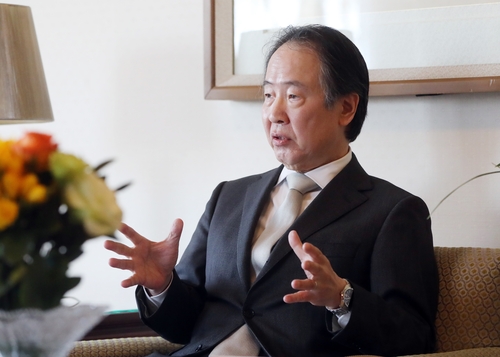Japanese Ambassador to South Korea Koji Tomita speaks during an interview with Yonhap News Agency at his residence in Seoul on April 8, 2020. (Yonhap)