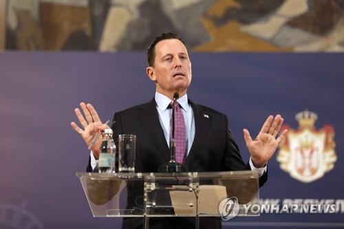 This EPA photo taken Jan. 24, 2020, shows Richard Grenell speaking during a press conference in Serbia as the U.S. ambassador to Germany. (Yonhap)