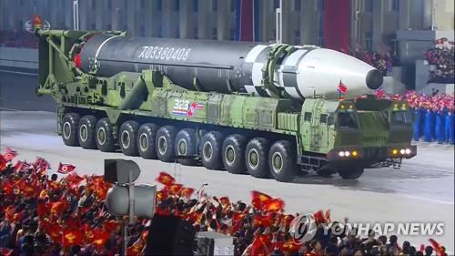 This image captured from Korean Central Television footage on Oct. 10, 2020, shows North Korea's new intercontinental ballistic missile (ICBM), which was displayed during a military parade held in Pyongyang to mark the 75th founding anniversary of the ruling Workers' Party. (For Use Only in the Republic of Korea. No Redistribution) (Yonhap)
