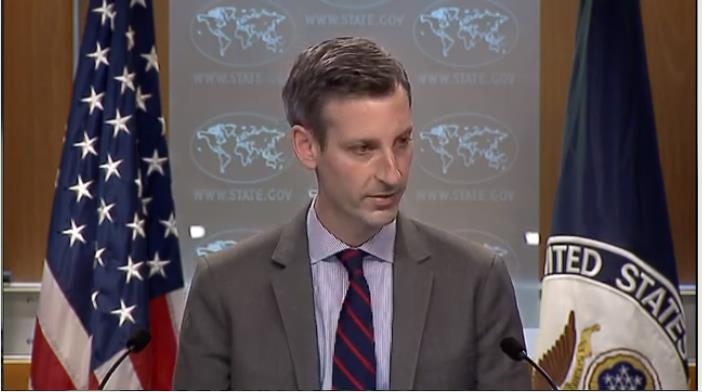 The captured image from the website of the U.S. State Department shows Ned Price, department press secretary, answering a question in a press briefing held at the State Department in Washington on Feb. 22, 2021. (Yonhap) 