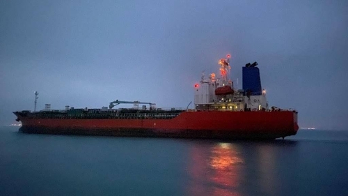 This photo, provided by Seoul's foreign ministry on April 9, 2021, shows the Hankuk Chemi, a South Korean oil tanker released along with the captain three months after it was seized by Iran's military in January. (PHOTO NOT FOR SALE) (Yonhap)