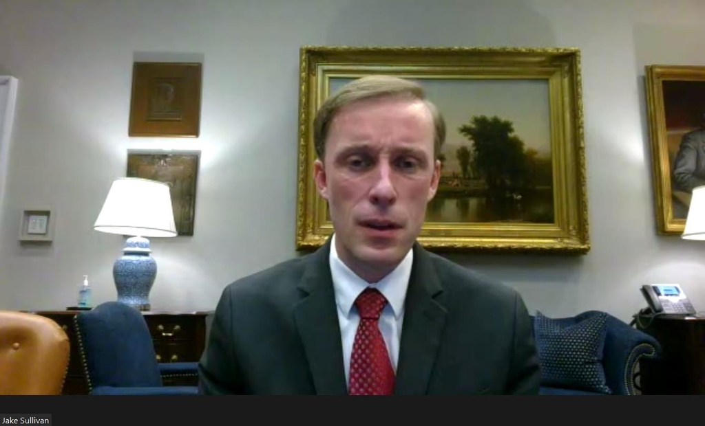 The captured image shows National Security Adviser Jake Sullivan speaking in a webinar hosted by the Aspen Institute, a Colorado-based think tank, on April 30, 2021. (Yonhap)