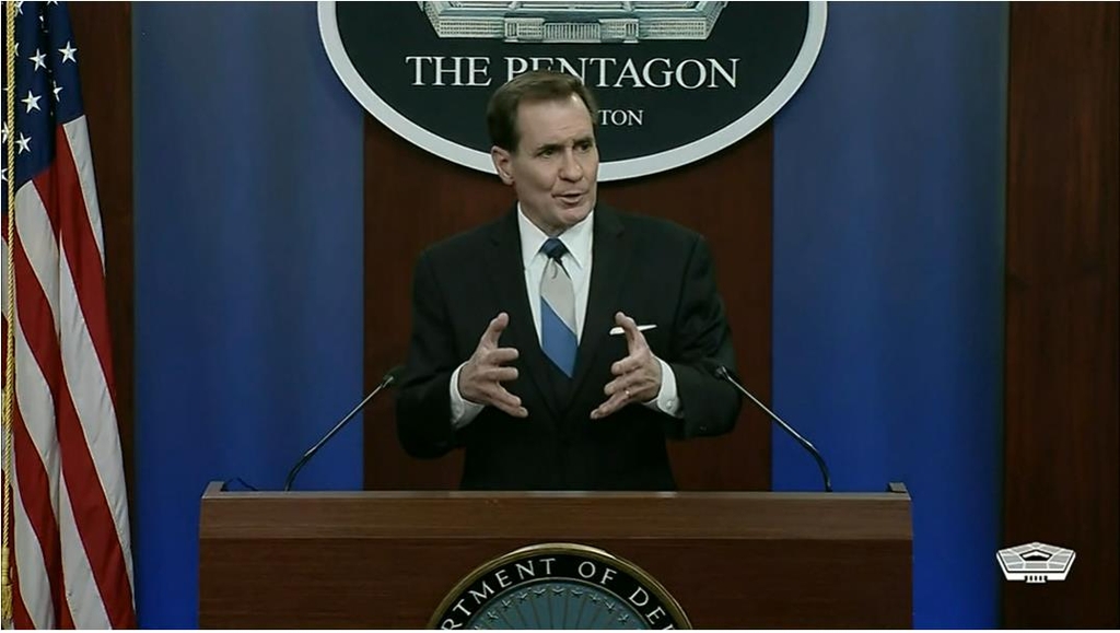 U.S. Department of Defense Press Secretary John Kirby is seen answering questions in a daily press briefing at the Pentagon in Washington on Dec. 13, 2021 in this image captured from the department's website. (PHOTO NOT FOR SALE) (Yonhap)