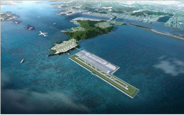 This image, provided by the Ministry of Land, Infrastructure and Transport on April 26, 2022, shows an aerial view of the planned floating airport in South Korea's southern city of Busan. (PHOTO NOT FOR SALE) (Yonhap) 