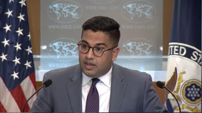 Vedant Patel, principal deputy spokesperson for the state department, is seen answering a question during a daily press briefing at the department in Washington on Nov. 16, 2022 in this image captured from the department's website. (Yonhap)
