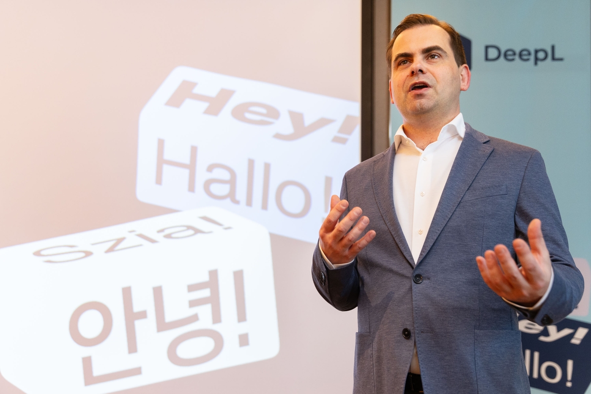Jarek Kutylowski, founder and CEO of the artificial intelligence (AI) language service DeepL, speaks at a press conference held in Seoul on April 26, 2024, in this photo provided by the company. (PHOTO NOT FOR SALE) (Yonhap)