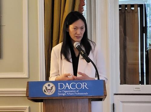 U.S. Special Envoy for North Korean Human Rights Issues Julie Turner speaks about a report on the human rights situation of North Korean nuclear scientists released by the Committee for Human Rights in North Korea (HRNK), a U.S.-based nongovernmental institute, during an event in Washington on May 17, 2024. (Yonhap)