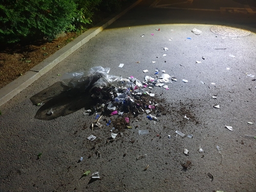 This photo, provided by the Joint Chiefs of Staff on May 29, 2024, shows debris of a balloon presumed to have been sent by North Korea and carrying waste discovered in western Seoul. (PHOTO NOT FOR SALE) (Yonhap)