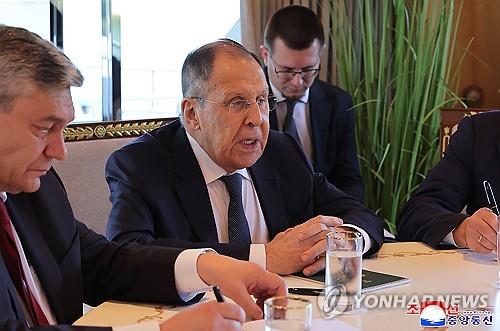 This image, published by the Korean Central News Agency on July 13, 2025, shows Russian Foreign Minister Sergei Lavrov during his meeting with North Korean leader Kim Jong-un on July 12, 2025. (For Use Only in the Republic of Korea. No Redistribution) (Yonhap)