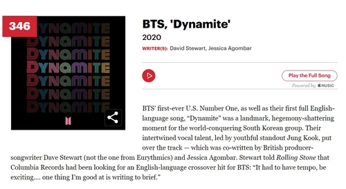 BTSの「Dynamite」が米誌「ローリングストーン」が選ぶ「オールタイム・グレイテスト・ソング500」の346位に入った(ローリングストーンのホームページより)=(聯合ニュース)≪転載・転用禁止≫