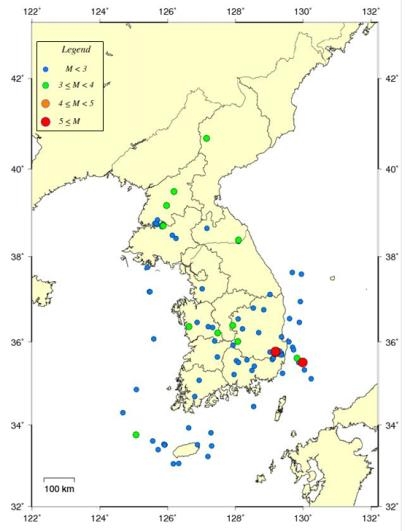 지난해 국내 지진 진앙 분포도