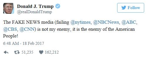 가짜 뉴스로 뉴욕타임스·NBC·CNN 지목한 트럼프 트윗