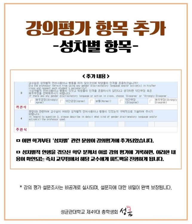 성균관대, 강의평가에 '성차별' 항목 추가