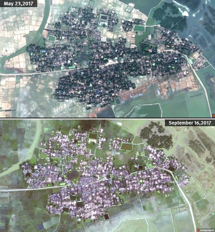올해 5월 23일과 9월16일 촬영된 한 로힝야 마을의 모습[휴먼라이트워치 제공]