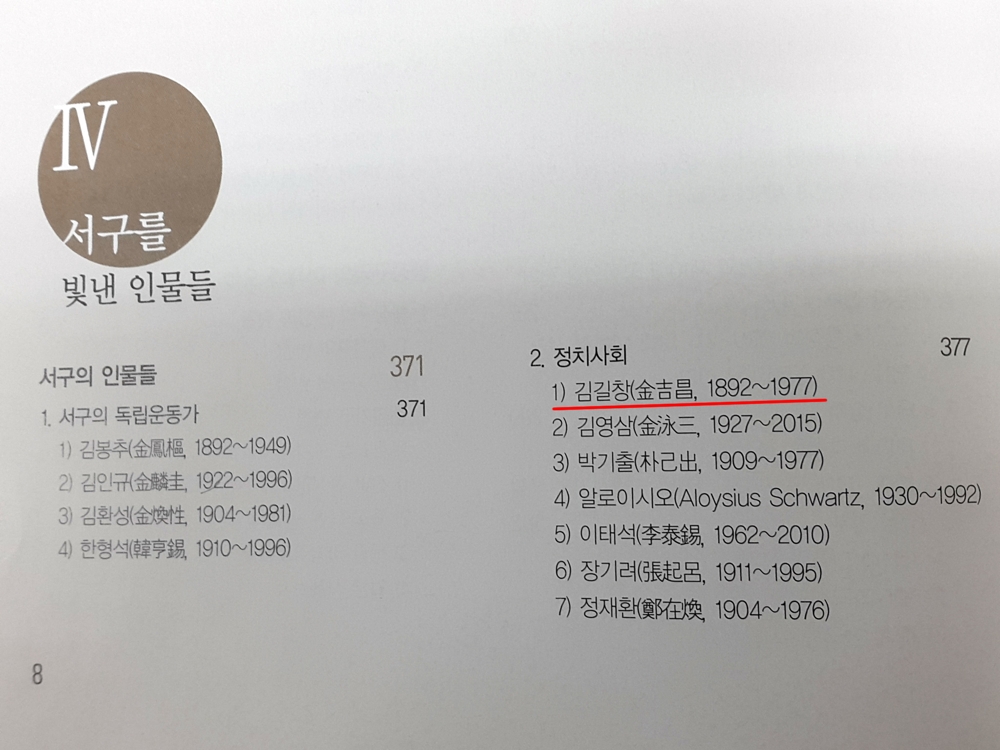 부산 서구가 발간한 홍보 책자 중 친일파 김길창이 들어간 목차