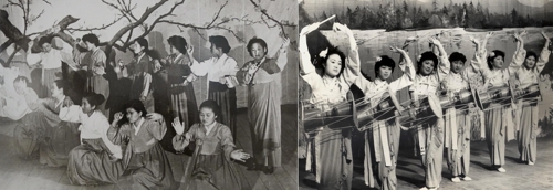 1950년대 우즈베키스탄 스베르들로프 콜호스에서 열린 고려인예술단의 아리랑 공연(사진 좌측)과 1968년 창단된 카자흐스탄 고려인예술단 '아침노을'의 장구춤 공연