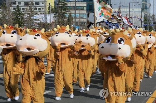 (춘천=연합뉴스) 이해용 기자 = 7일 오후 강원 춘천시 소양로에서 열린 평창 올림픽 성공기념 국민감사 대축제에서 한우 퍼포먼스가 펼쳐지고 있다. 2018.4.7