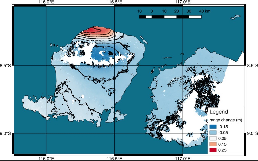 미국 항공우주국(NASA)과 캘리포니아공과대(CIT) 연구진이 공개한 롬복섬의 위성영상 분석 결과. 북쪽지역 지반이 최대 25㎝가량 들려올려져 있다. [인도네시아 국가재난방지청(BNPB) 대변인 트위터 캡처=연합뉴스]
