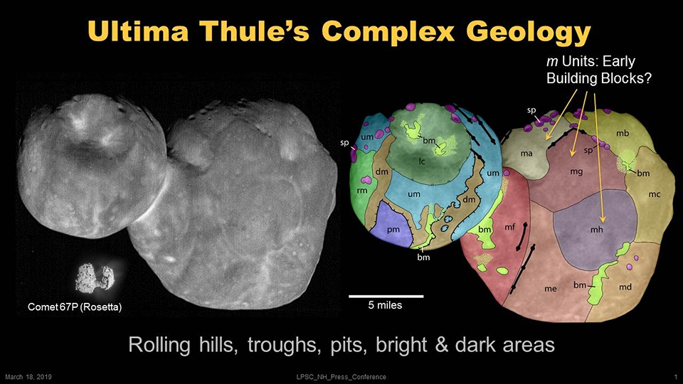 울티마 툴레를 구성한 암석 덩어리가 서로 다른 점을 보여주는 지도 