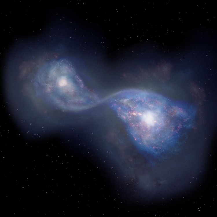 130억 광년 떨어진 곳에서 합체 중인 은하 B14-65666 상상도 