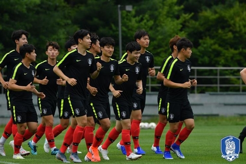 훈련 중인 한국 남자축구 U대회 대표팀 선수들