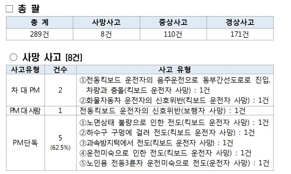 2017∼2018년 개인형 이동수단(PM) 관련 사망사고(경찰청 정식 접수 건)