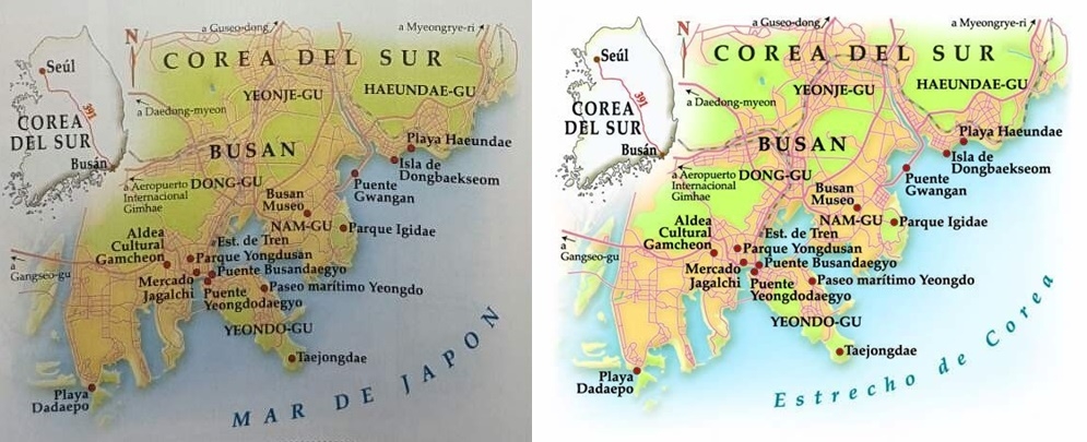 지도 속 '일본해'(왼쪽)가 '대한해협'으로 바뀐 아르헨티나 매체 위켄드 기사