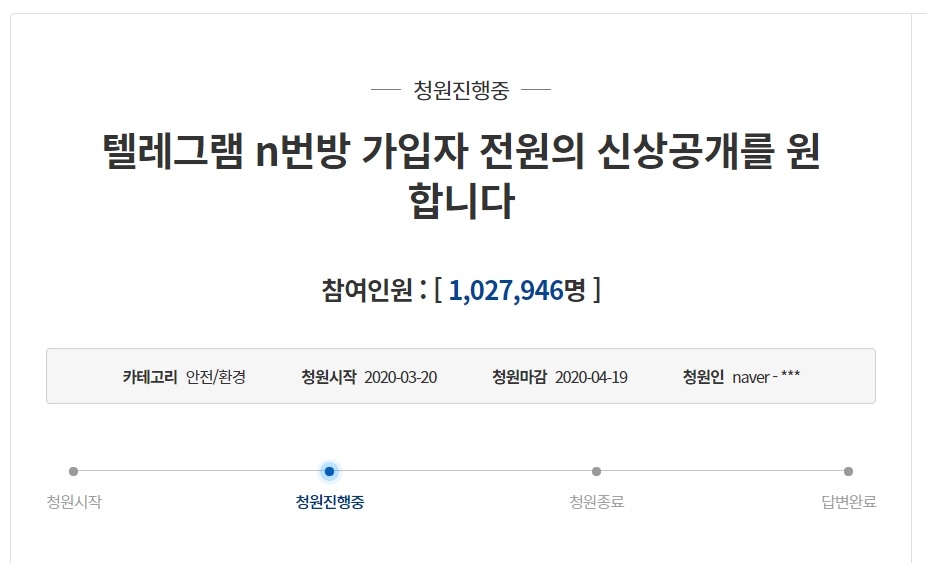 "텔레그램 박사방 가입자 전원 신상공개" 국민청원 100만 넘어