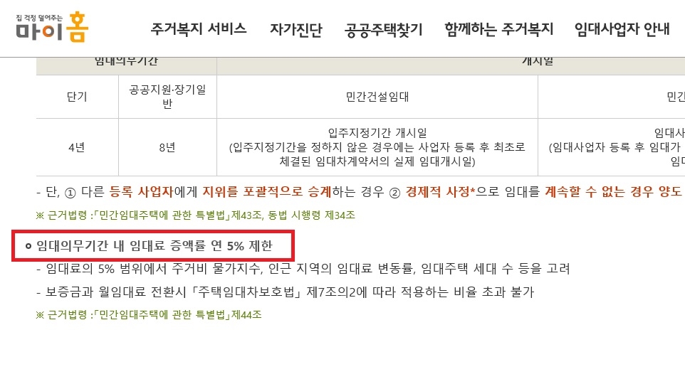 등록임대 임대료 증액률을 '연 5%'로 표시한 마이홈