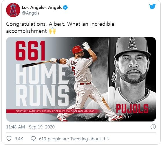  푸홀스의 661호 홈런을 축하하는 에인절스 트위터