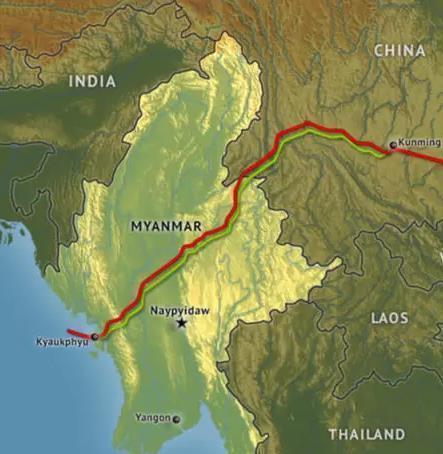 미얀마 짜욱퓨와 중국 쿤밍을 잇는 가스관(빨간색), 송유관(연두색)