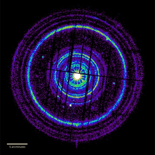 GRB 221009A 폭발 뒤 2~5일 사이에 관측된 먼지 고리 XMM-뉴턴 이미지 