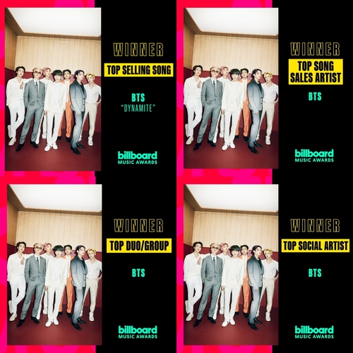 Las imágenes, publicadas en la cuenta de Twitter de los Premios de Música de Billboard, muestra cuatro galardones recibidos por BTS en los premios, celebrados, el 23 de mayo de 2021 (hora local), en Los Ángeles. (Prohibida su reventa y archivo)