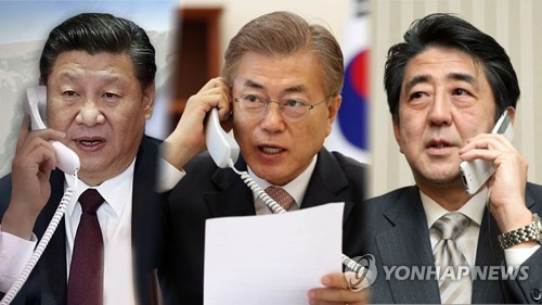 시진핑 중국 국가주석(왼쪽부터)ㆍ문재인 대통령ㆍ아베 신조 일본 총리 (CG)