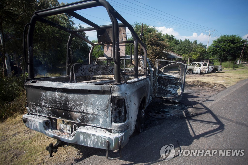 2019년 10월 CJNG의 소행으로 추정되는 매복 공격으로 불에 탄 경찰 차량