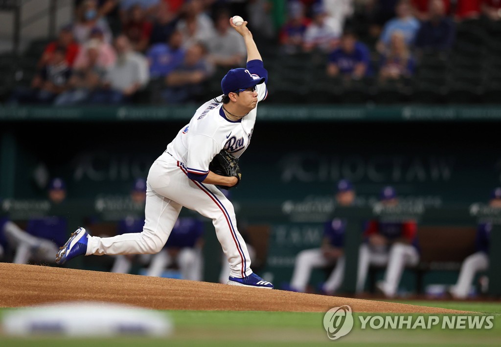 In this Getty Images photo, Yang Hyeon-jong of the Texas Rangers pitches against the New York Yankees in the top of the first inning of a Major League Baseball regular season game at Globe Life Field in Arlington, Texas, on May 19, 2021. (Yonhap)