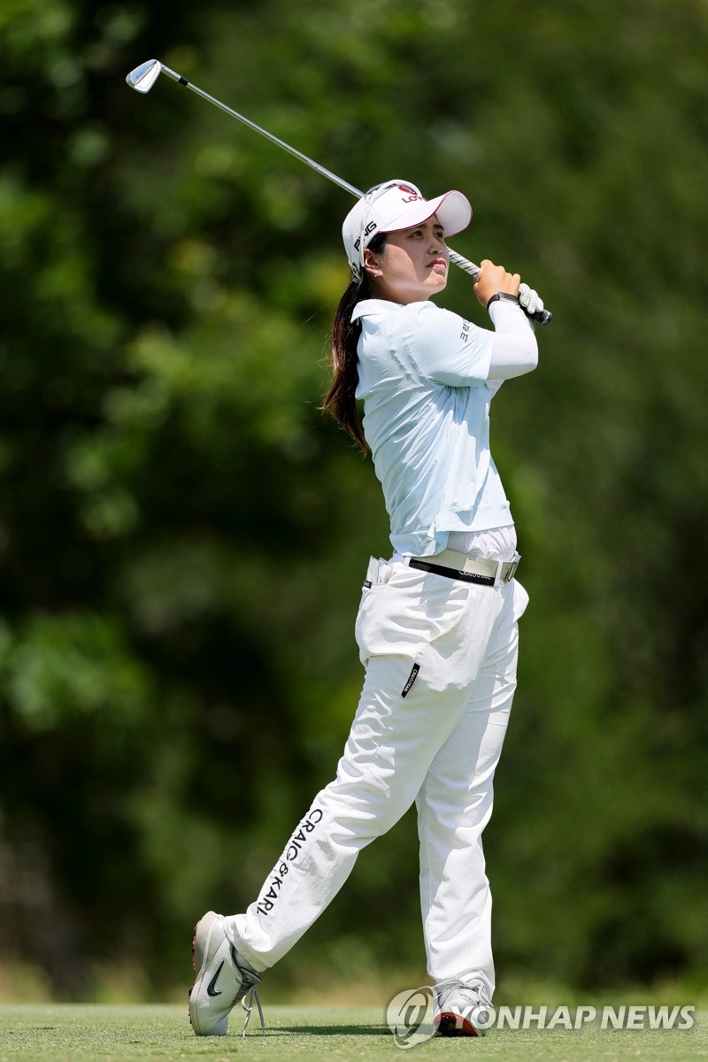 Choi Hye-jin of South Korea tees off on the 13th hole during the final round of the KPMG Women's PGA Championship at Fields Ranch East at PGA Frisco in Frisco, Texas, on June 22, 2025, in this Getty Images photo. (Yonhap)