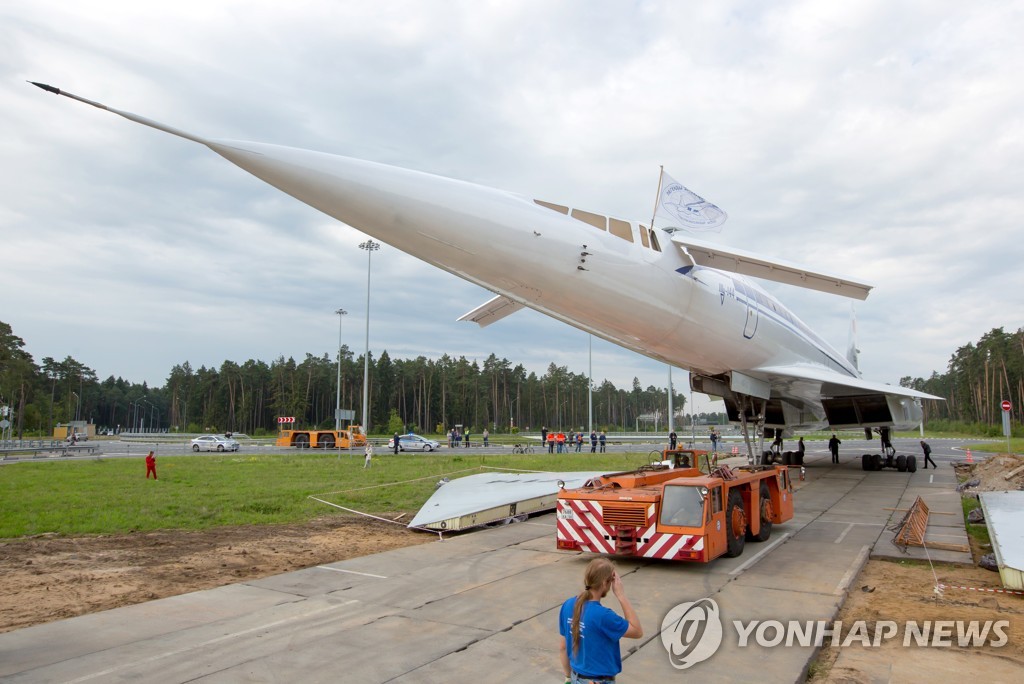 Towing Tupolev Tu-144 supersonic jet airliner in Zhukovsky, Moscow Region