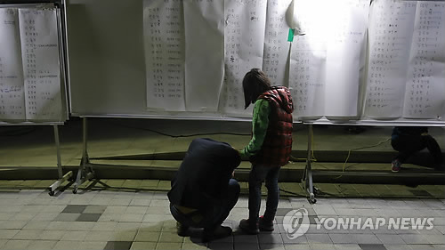 16일 오후 여객선 침몰사고 부상자들이 있는 전남 진도실내체육관에서 한 실종자 가족이 구조자 명단을 확인하던 중 오열하고 있다.