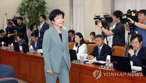 야당 의원 앞 지나는 김영주 후보자