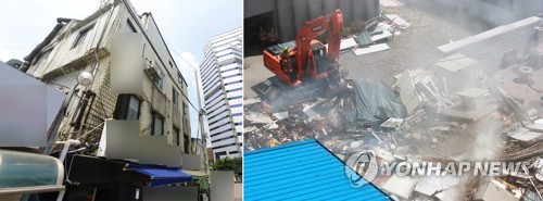 붕괴 전후의 용산 4층 상가